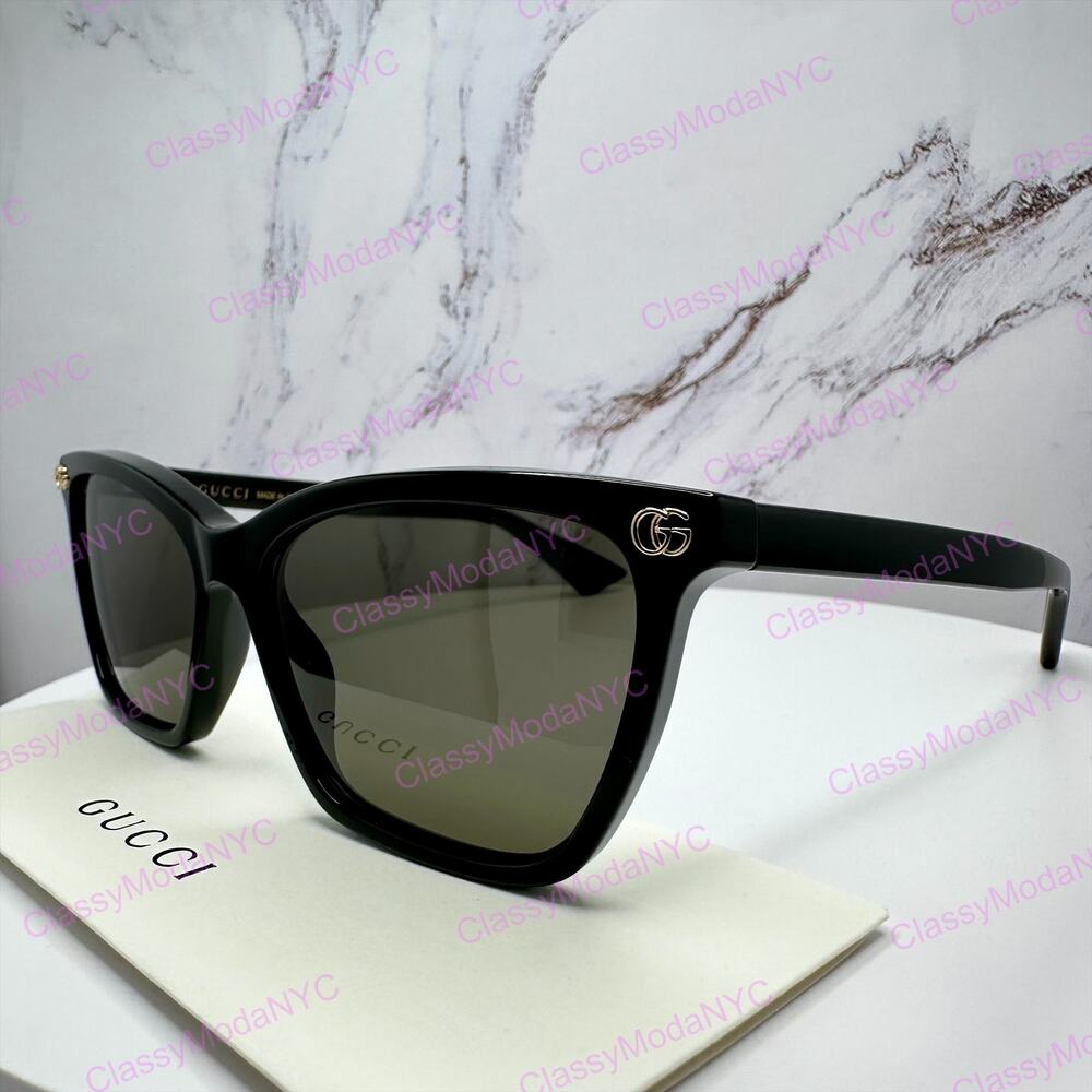 New GUCCI Sunglasses Black Acetate Square Gold Metal Interlocking GG Logo Womens